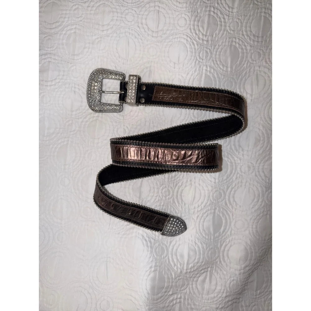 Western Rhinestone Bling Belt Croc Embossed Leather Cowgirl Y2K Western 37”